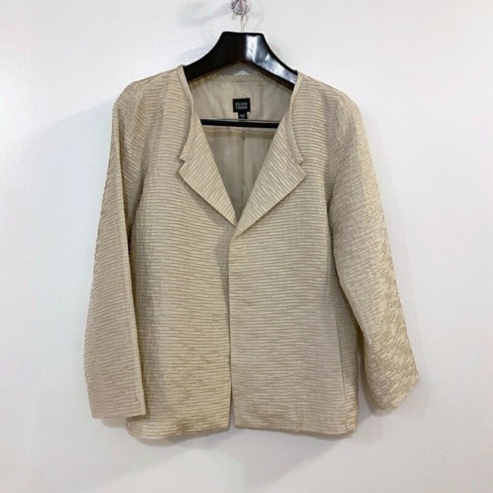 Eileen Fisher Womens Open Front Jacket Beige Pintuck Textured Pockets Silk Small